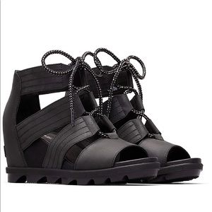 Sorel Black Leather JOANIE II LACE WEDGE SANDALS